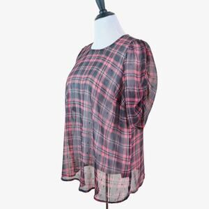 Torrid Size 0 / L Chiffon Lurex Ruched Sleeve Blouse Plaid Red Black